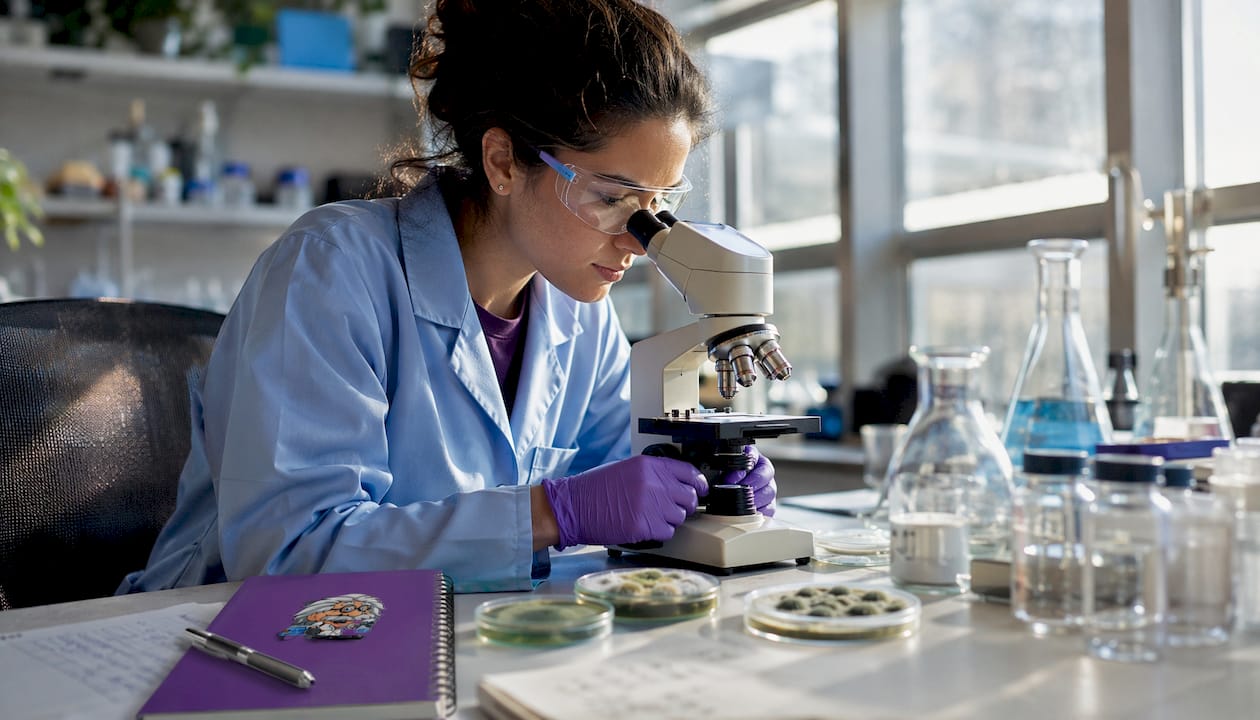 Scientist studying mold spores under microscope