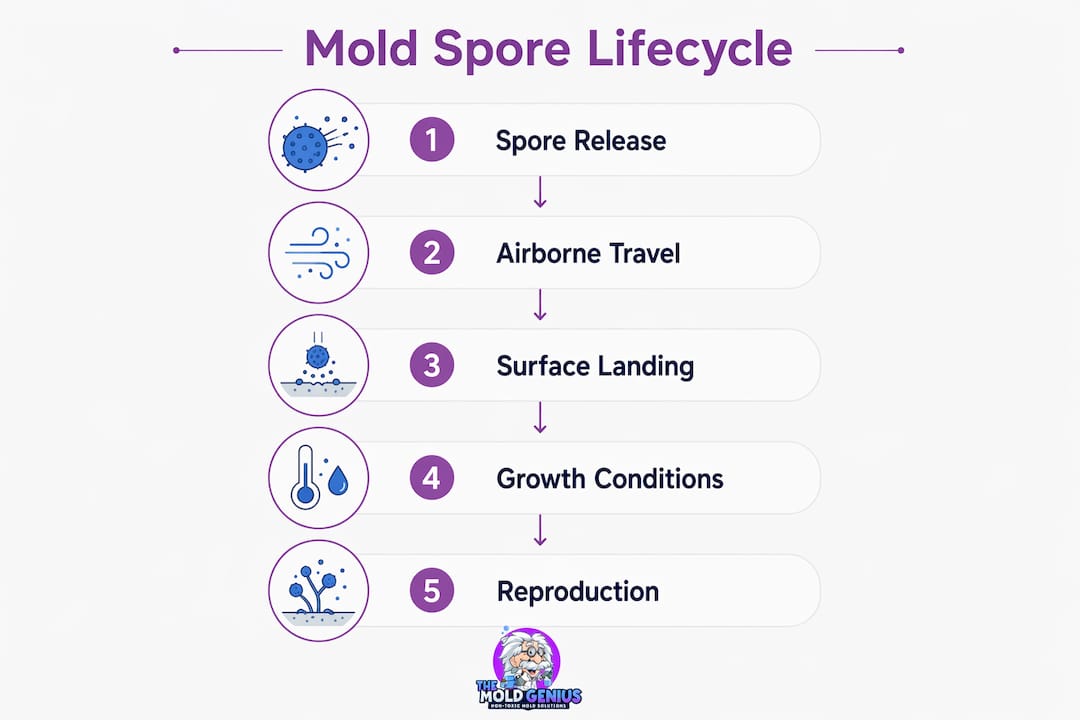 Infographic showing mold spore lifecycle stages
