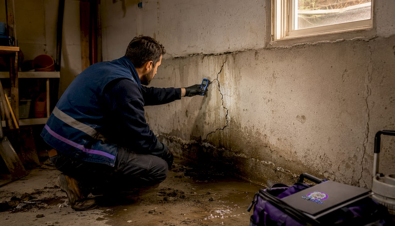 Close-up of wet cracked foundation with moisture meter
