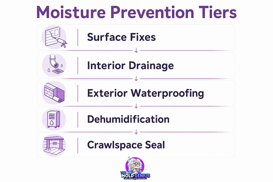 Infographic outlining moisture prevention methods in tiers