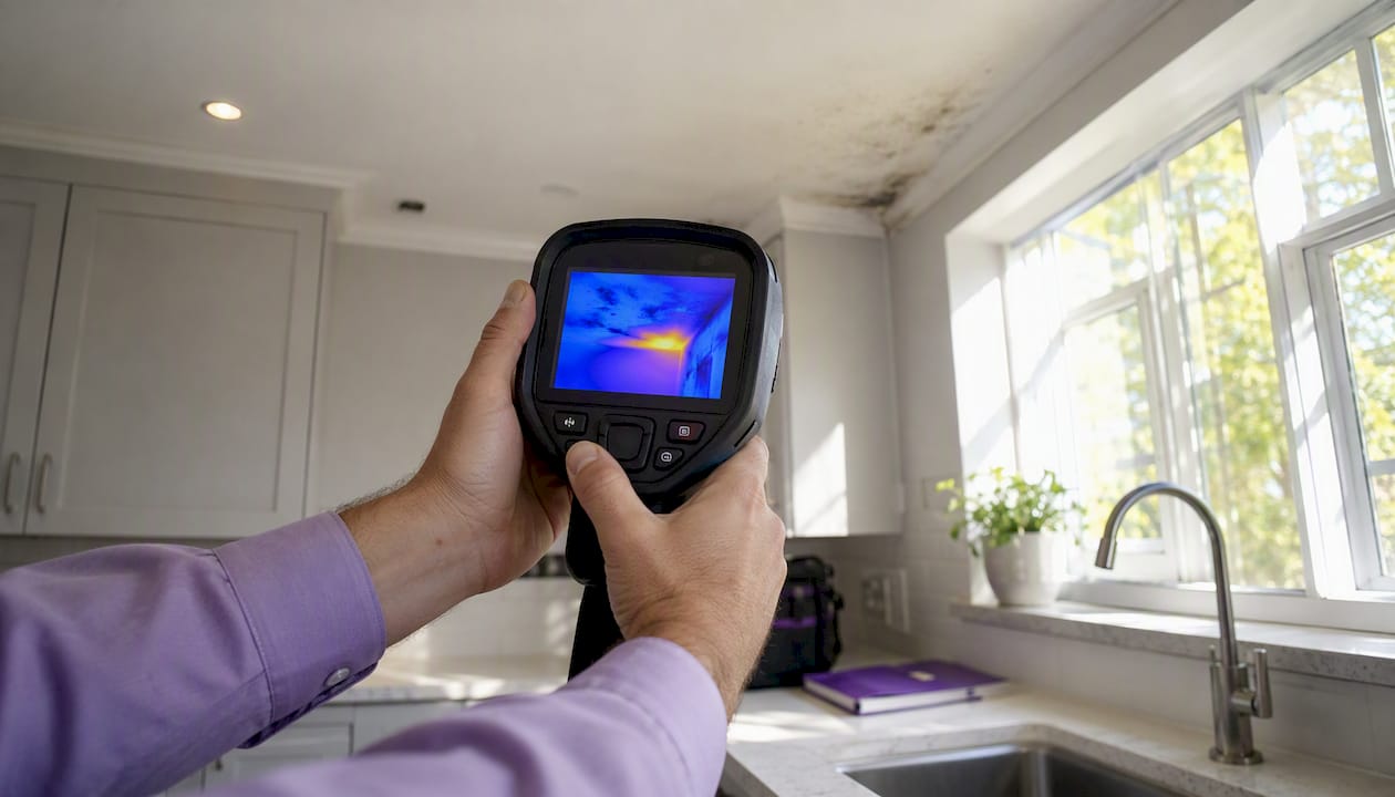 Close-up of thermal camera detecting mold moisture